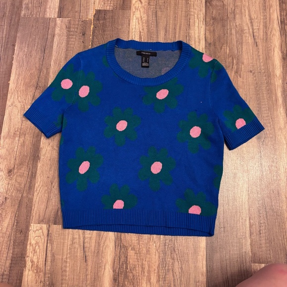 Forever 21 Blue Knit Top with Floral Accents - Picture 2 of 5